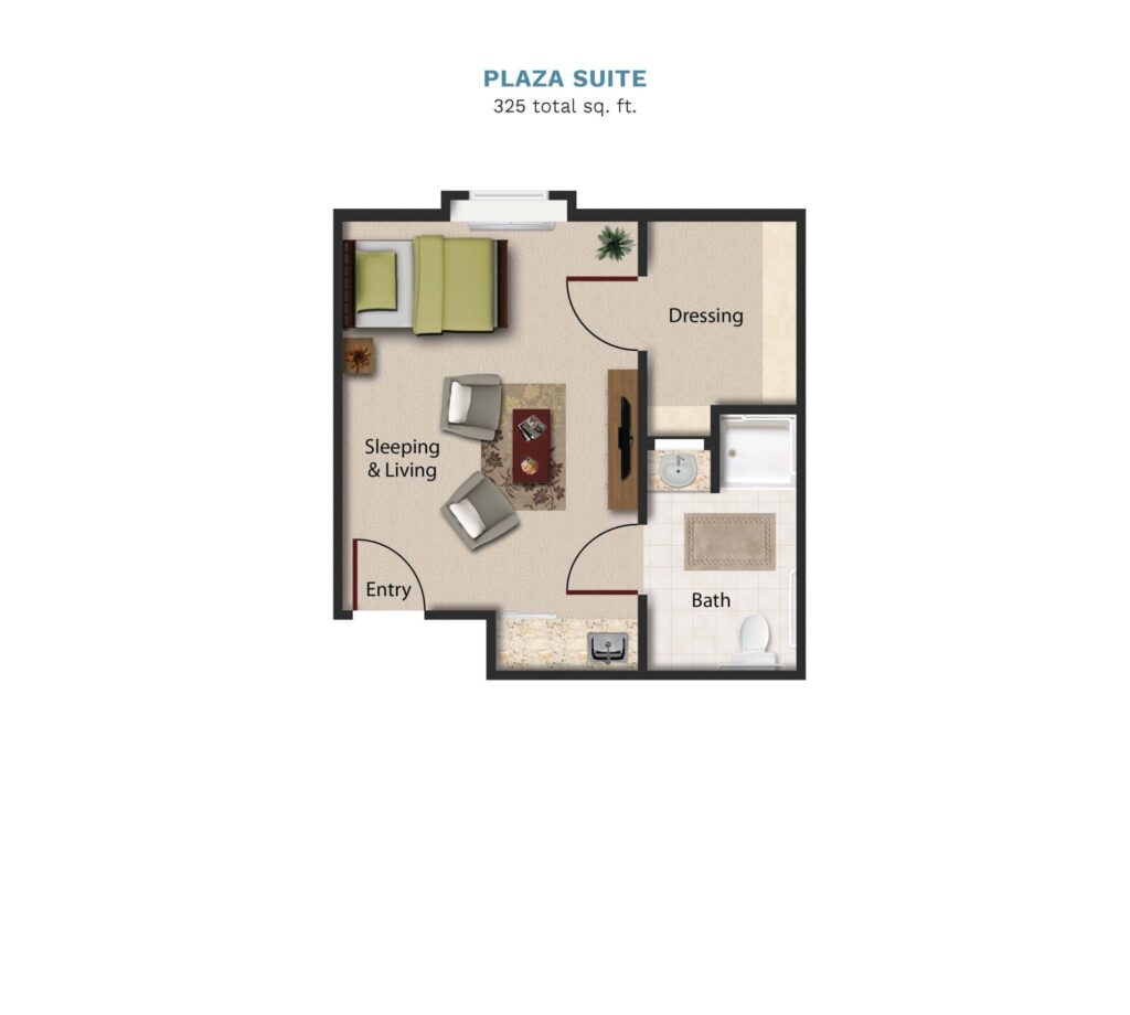 Vintage Park floor layout "Plaza Suite." The suite is 325 total square feet with a studio bedroom, living room, small kitchenette, and a full bathroom.