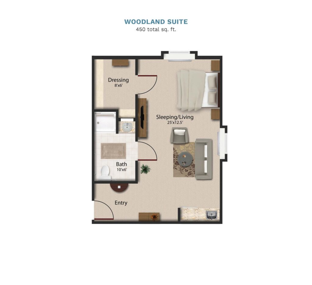 Vintage Park "Woodland Suite" floor layout boasts 450 total square feet. This suite offers a combined bedroom, kitchenette, living, and dining area. There is a full bathroom and walk in closet.