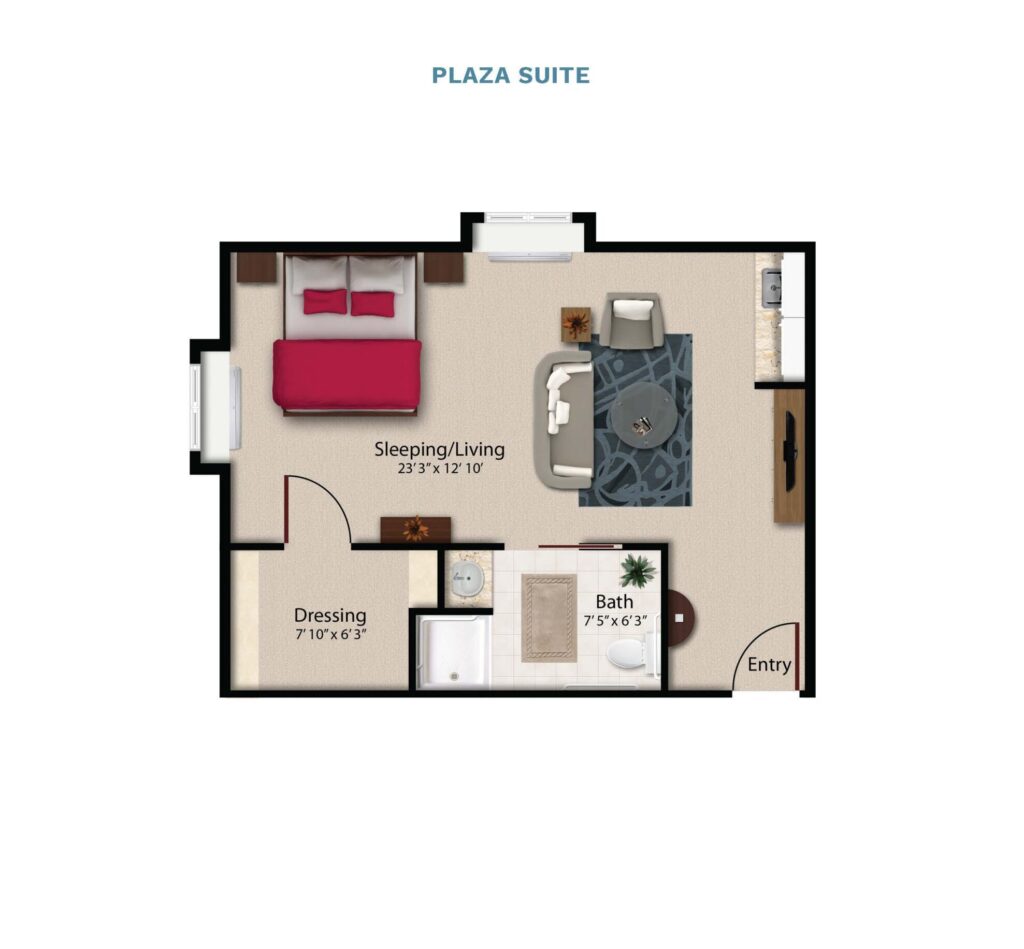 Vintage Park "Plaza Suite" floor layout boasts 425 total square feet. This suite offers a combined bedroom, kitchenette, living, and dining area. There is a full bathroom and walk in closet.