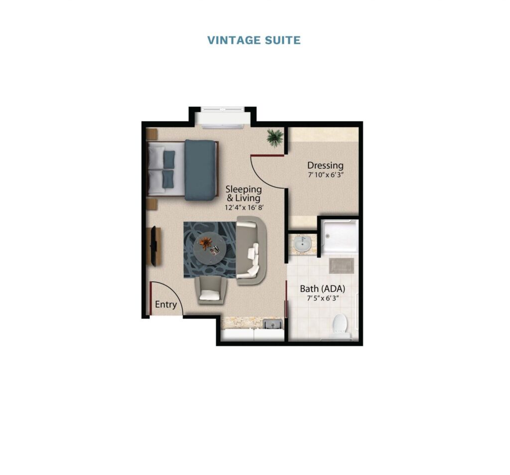 Vintage Park floor layout "Vintage Suite." The suite is 312 total square feet with a studio bedroom, living room, small kitchenette, and a full bathroom.