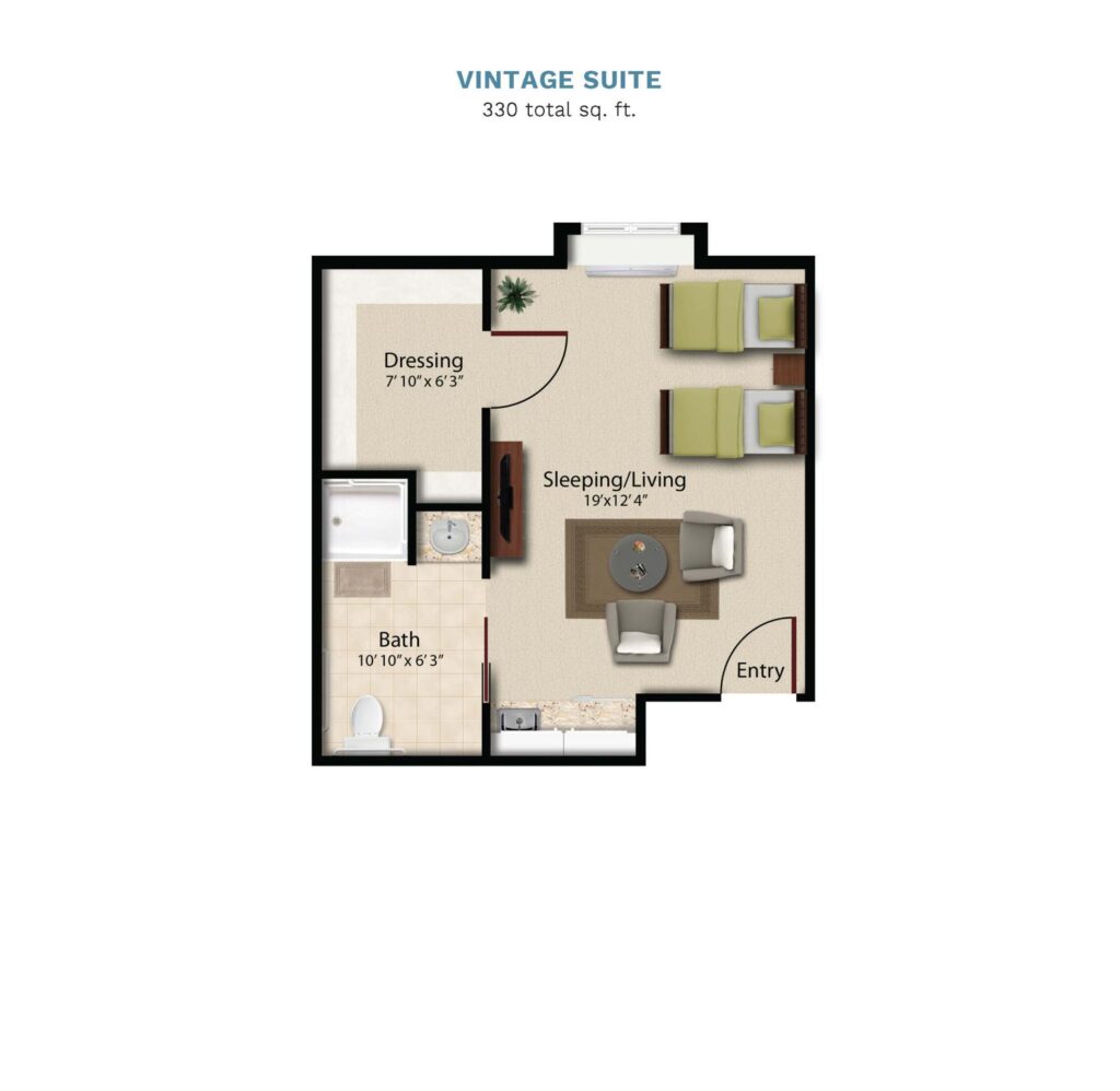 Vintage Park "Vintage Suite" floor layout boasts 300 total square feet. This suite offers a combined double bedroom, kitchenette, living, and dining area. There is a full bathroom and walk in closet.
