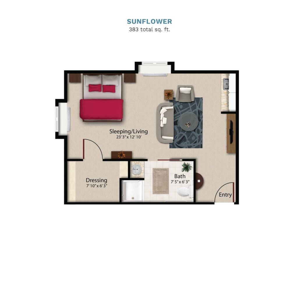 Vintage Park floor layout "Sunflower." The suite is 383 total square feet with a studio bedroom, living room, small kitchenette, and a full bathroom.