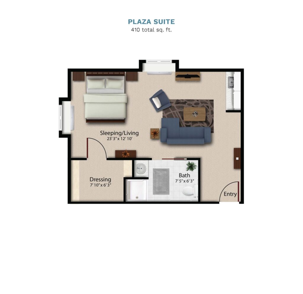Vintage Park floor layout "Plaza Suite." The suite is 410 total square feet with a studio bedroom, living room, small kitchenette, and a full bathroom.