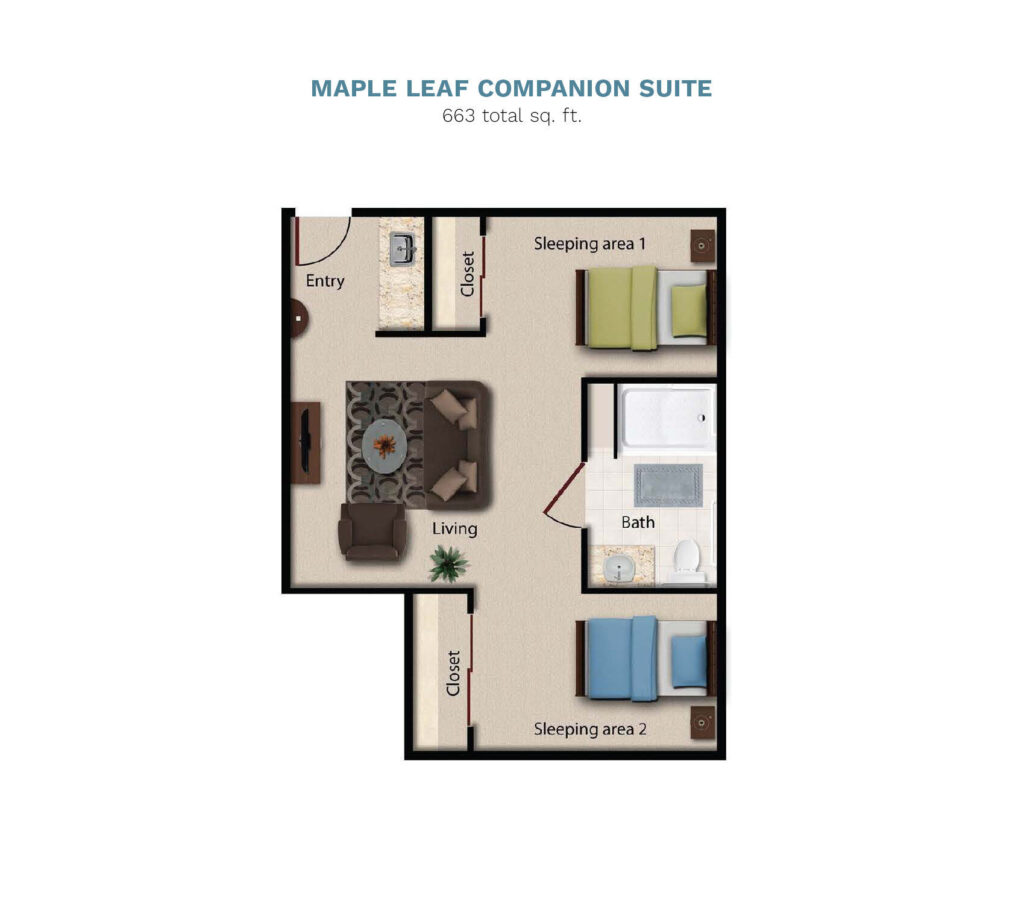 Vintage Park floor layout "Maple Leaf Companion Suite." The suite is 663 total square feet with two open, but separate bedroom spaces, a shared living room, small kitchenette, and a full bathroom.