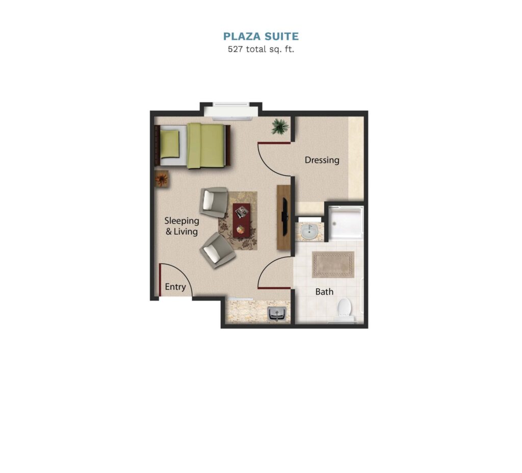 Vintage Park floor layout "Plaza Suite." The suite is 527 total square feet with a studio bedroom, living room, small kitchenette, and a full bathroom.