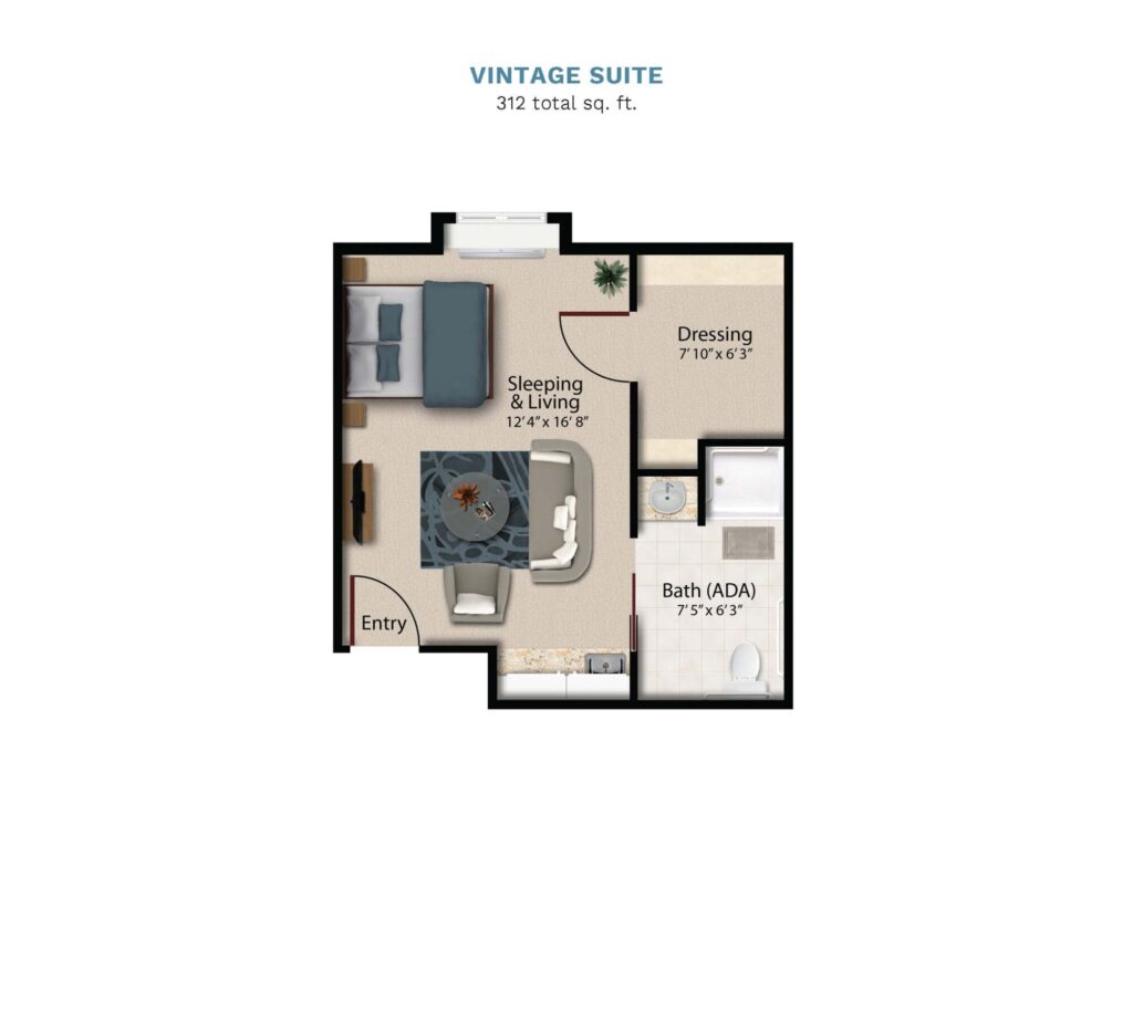 Vintage Park floor layout "Vintage Suite." The suite is 312 total square feet with a studio bedroom, living room, small kitchenette, and a full bathroom.