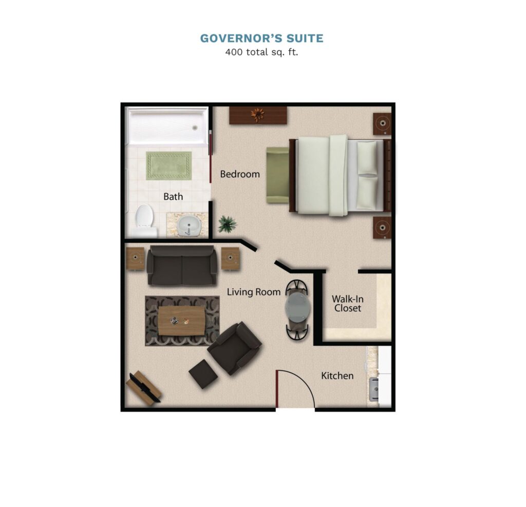 Vintage Park floor layout "Governor's Suite." The suite is 400 total square feet with a separate bedroom, living room, small kitchenette, and a full bathroom.