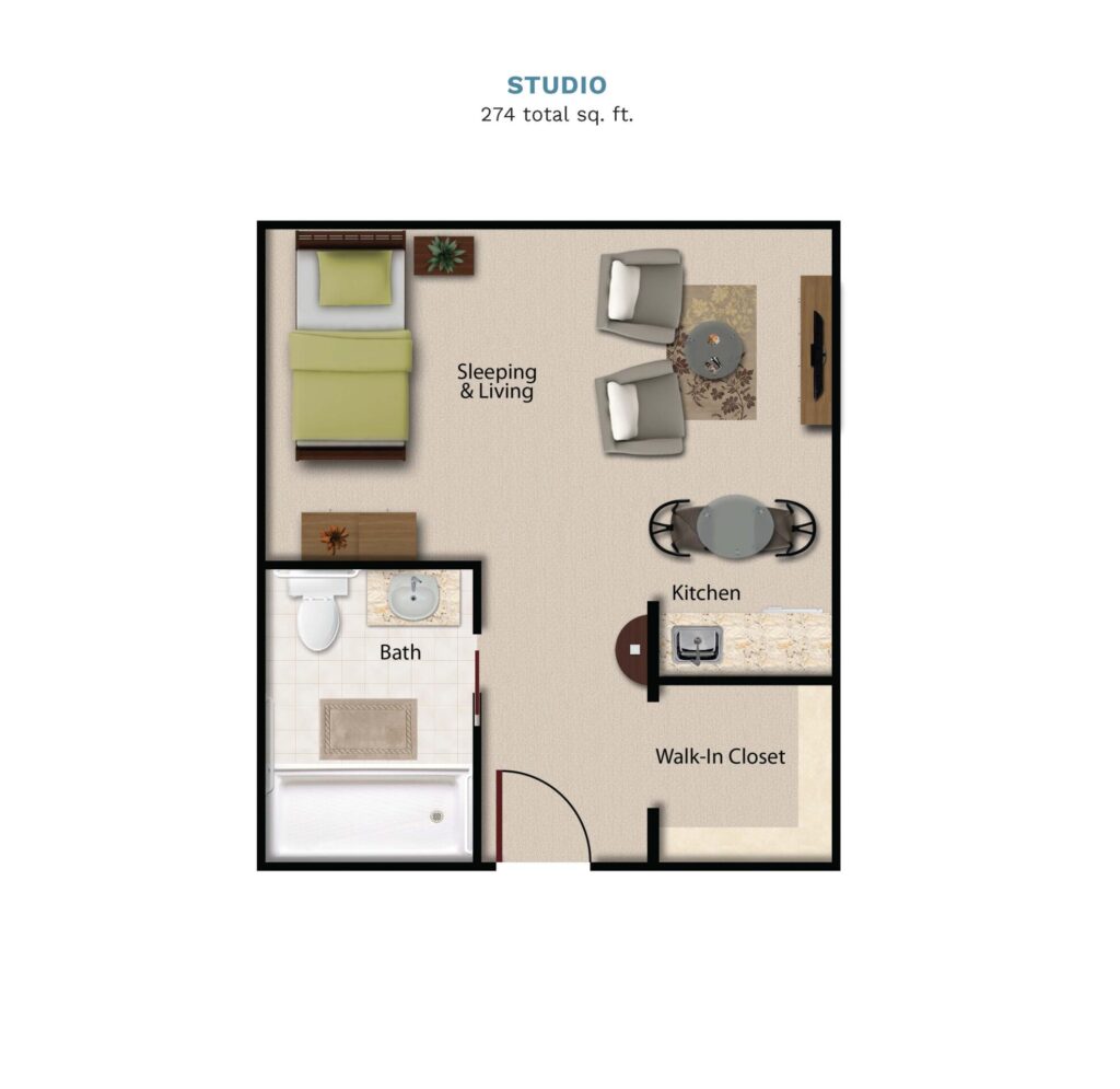 Vintage Park floor layout "Studio." The studio is 274 total square feet with a bedroom, living room, small kitchenette, and a full bathroom.