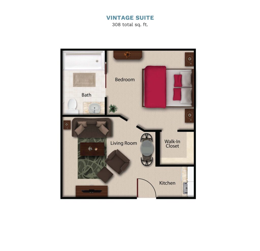 Vintage Park floor layout "Vintage Suite." The suite is 308 total square feet with a separate bedroom, living room, small kitchenette, and a full bathroom.