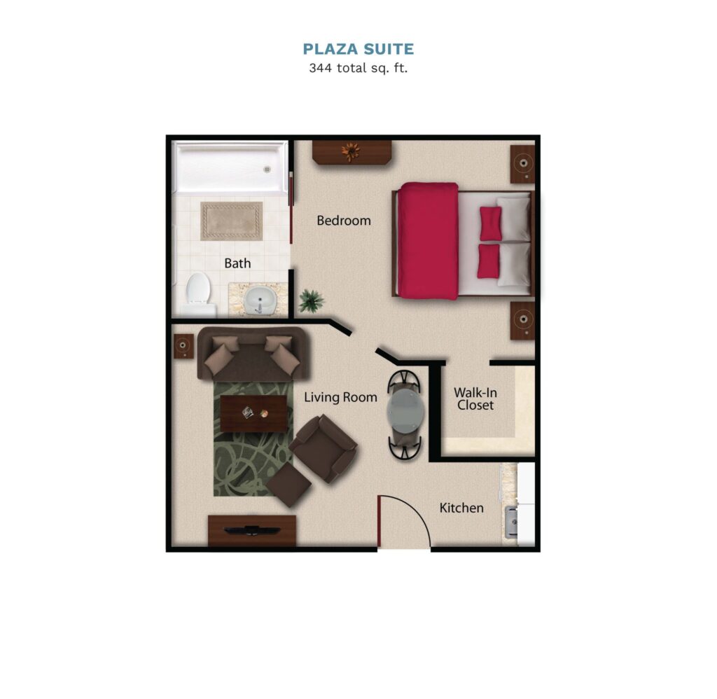 Vintage Park floor layout "Plaza Suite." The suite is 344 total square feet with a separate bedroom, living room, small kitchenette, and a full bathroom.