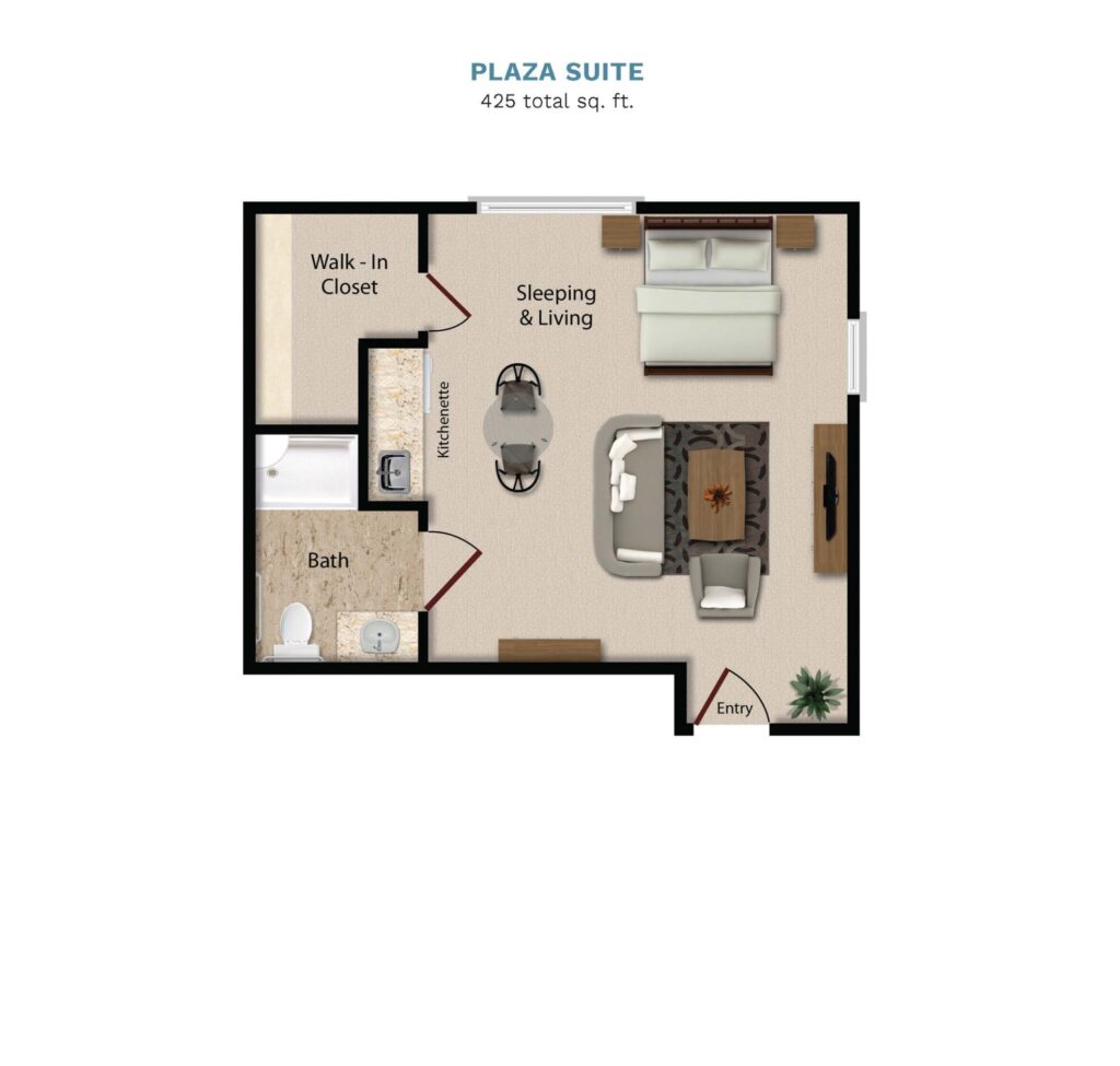 Vintage Park floor layout "Plaza Suite." The suite is 425 total square feet with a bedroom, living room, small kitchenette, and a full bathroom.