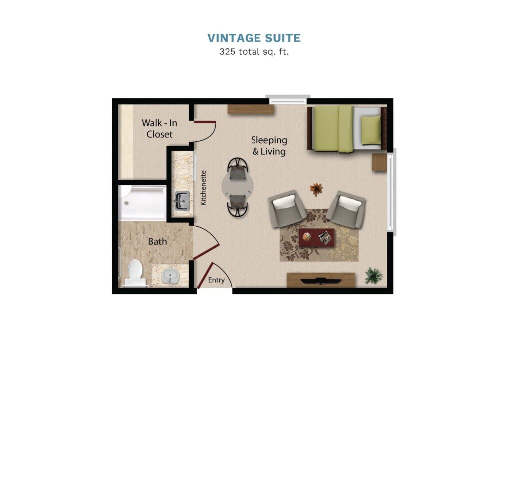 Vintage Park floor layout "Vintage Suite." The suite is 325 total square feet with a bedroom, living room, small kitchenette, and a full bathroom.