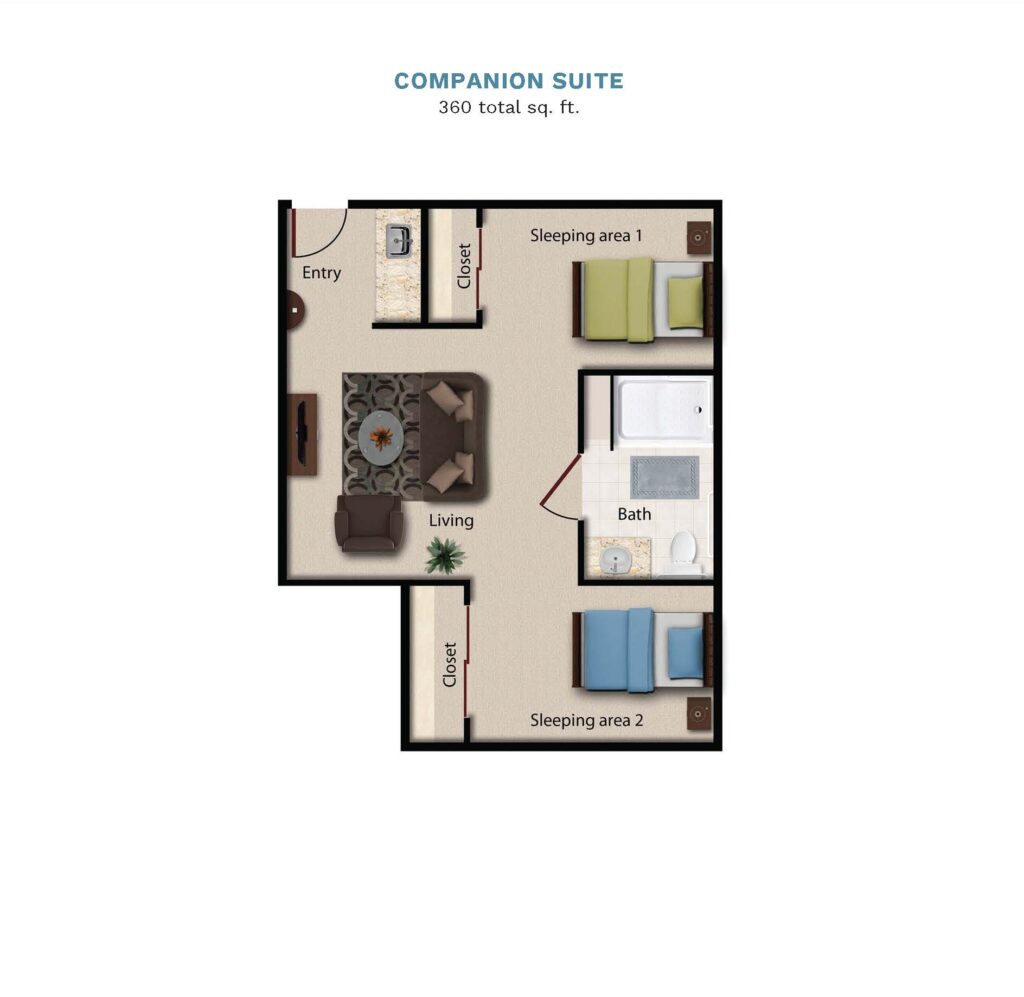 Vintage Park floor layout "Companion Suite." The suite is 360 total square feet with two open, but separate bedroom spaces, a shared living room, small kitchenette, and a full bathroom.