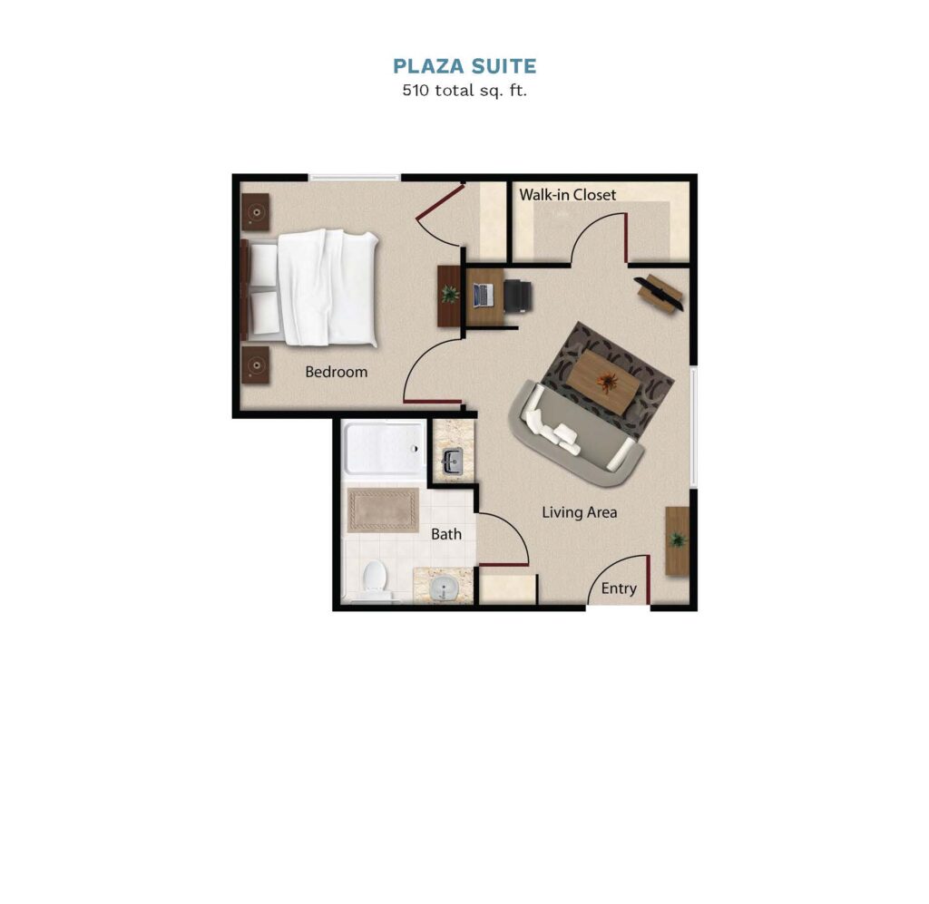 Vintage Park "Plaza Suite" floor layout boasts 510 total square feet. This suite offers a bedroom and combined kitchenette, living, and dining area. There is a full bathroom and walk in closet.