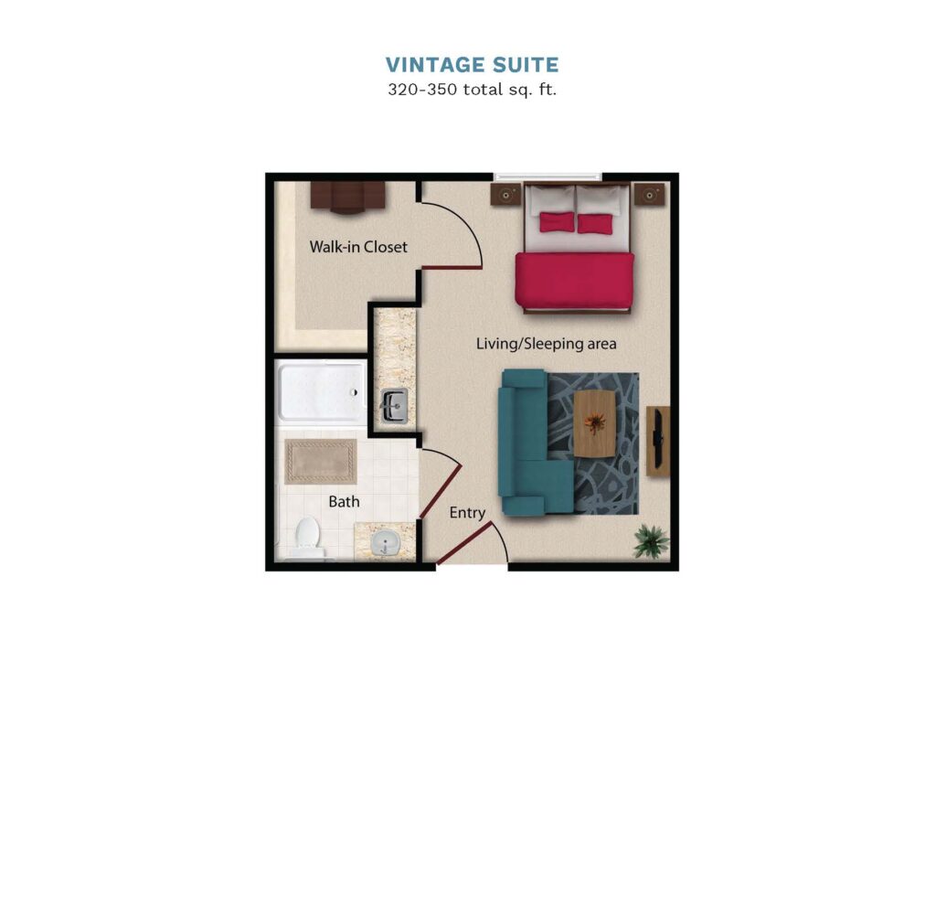 Vintage Park "Vintage Suite" floor layout boasts 320-350 total square feet. This suite offers a combined bedroom, kitchenette, living, and dining area. There is a full bathroom and walk in closet.