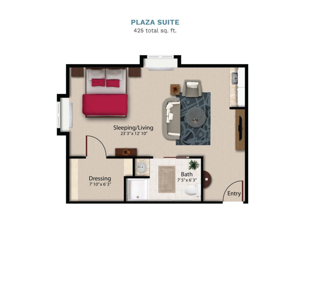 Vintage Park "Plaza Suite" floor layout boasts 425 total square feet. This suite offers a combined bedroom, kitchenette, living, and dining area. There is a full bathroom and walk in closet.