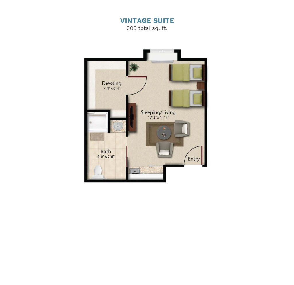 Vintage Park "Vintage Suite" floor layout boasts 300 total square feet. This suite offers a combined double bedroom, kitchenette, living, and dining area. There is a full bathroom and walk in closet.