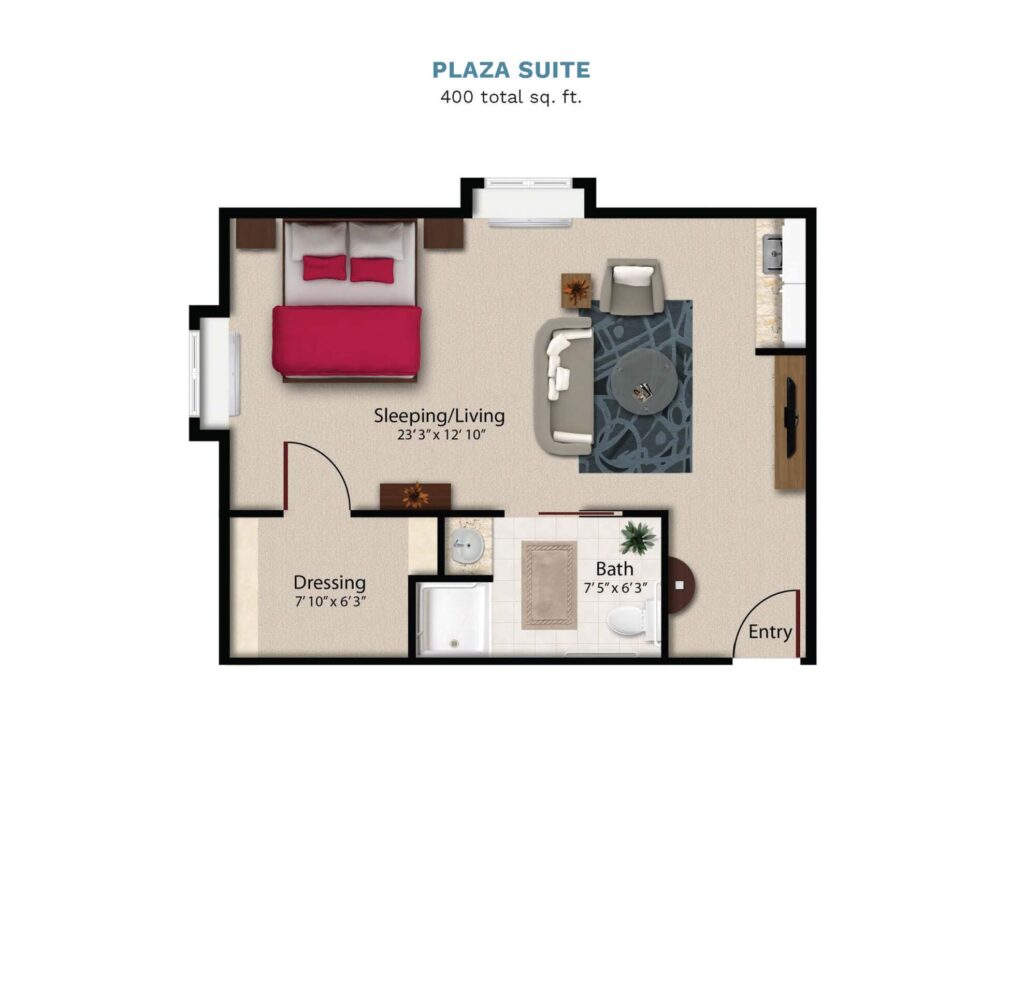 Vintage Park "Plaza Suite" floor layout boasts 400 total square feet. This suite offers a combined bedroom, kitchenette, living, and dining area. There is a full bathroom and walk in closet.
