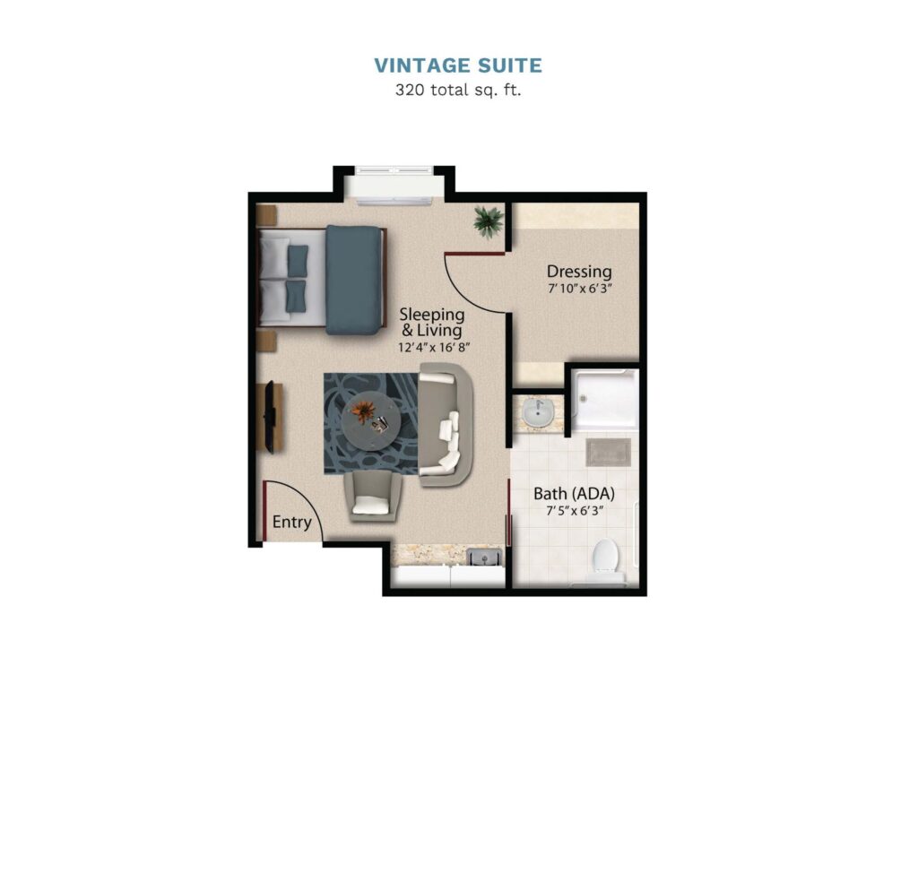 Vintage Park "Vintage Suite" floor layout boasts 320 total square feet. This suite offers a combined bedroom, kitchenette, living, and dining area. There is a full bathroom and walk in closet.