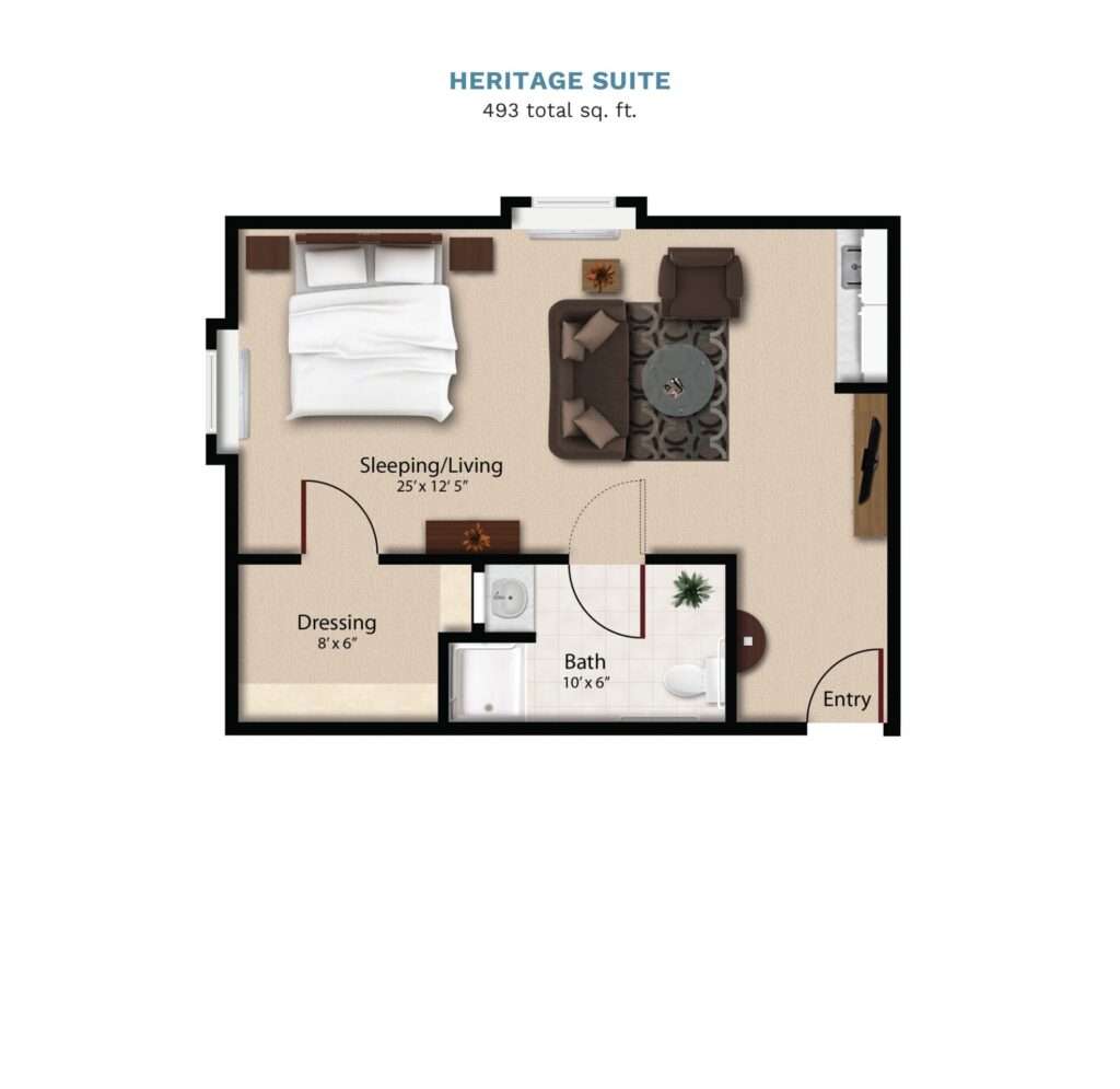 Vintage Park "Heritage Suite" floor layout boasts 493 total square feet. This suite offers a combined bedroom, kitchenette, living, and dining area. There is a full bathroom and walk in closet.