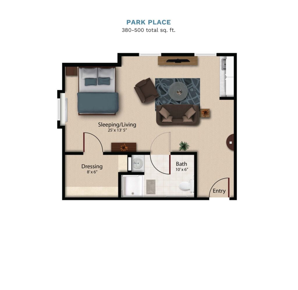 Vintage Park "Park Place" floor layout boasts 380-500 total square feet. This suite offers a combined bedroom, kitchenette, living, and dining area. There is a full bathroom and walk in closet.