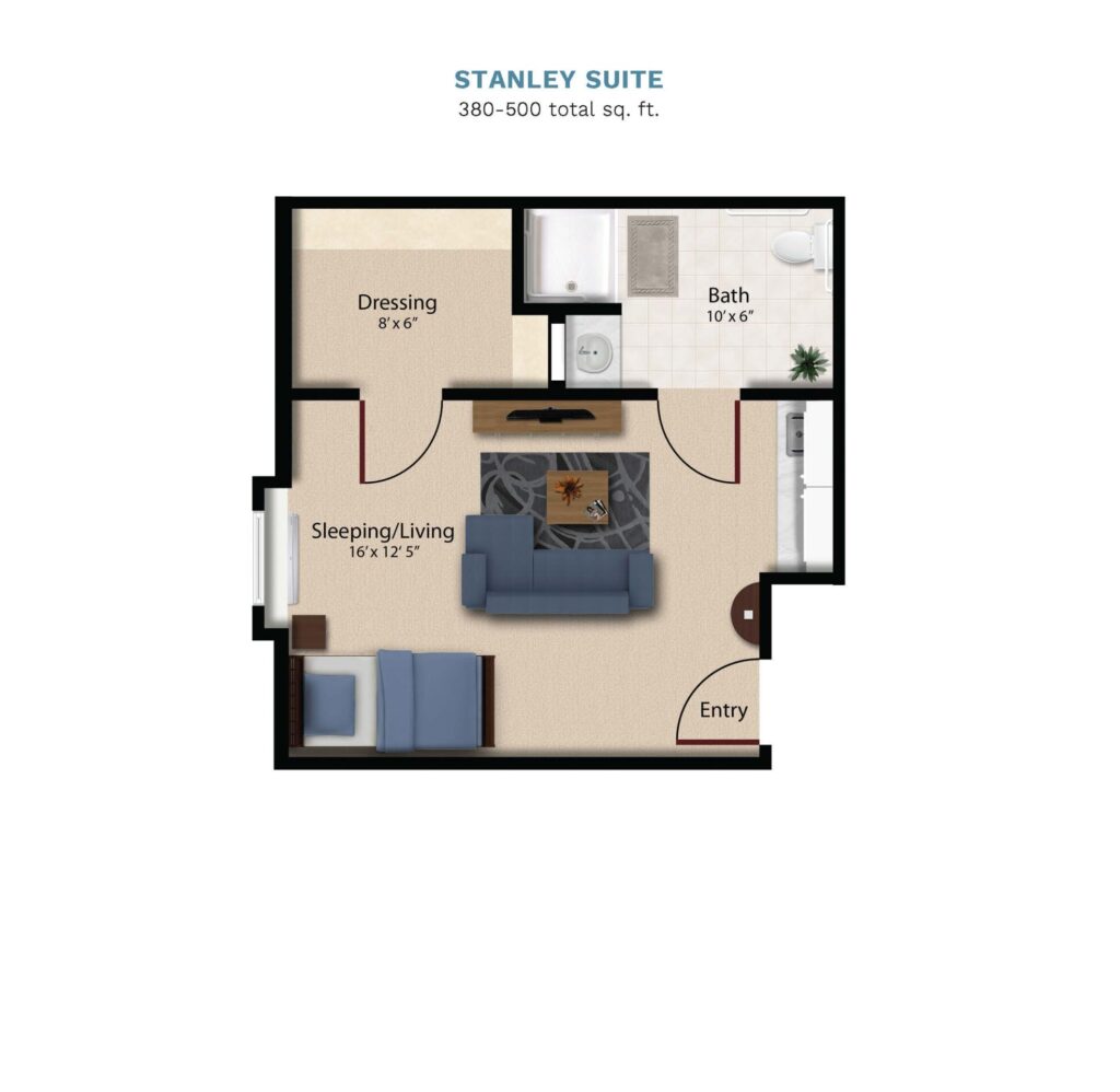 Vintage Park "Stanley Suite" floor layout boasts 380-500 total square feet. This suite offers a combined bedroom, kitchenette, living, and dining area. There is a full bathroom and walk in closet.