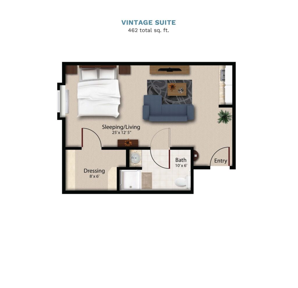 Vintage Park "Vintage Suite" floor layout boasts 462 total square feet. This suite offers a combined bedroom, kitchenette, living, and dining area. There is a full bathroom and walk in closet.