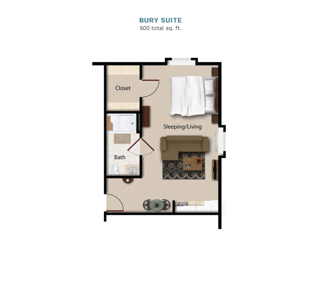 Vintage Park "Bury Suite" floor layout boasts 500 total square feet. This suite offers a combined bedroom, kitchenette, living, and dining area. There is a full bathroom and walk in closet.
