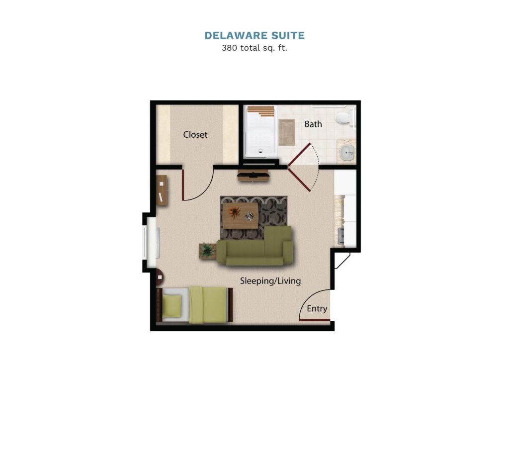 Vintage Park "Delaware Suite" floor layout boasts 380 total square feet. This suite offers a combined bedroom, kitchenette, living, and dining area. There is a full bathroom and walk in closet.