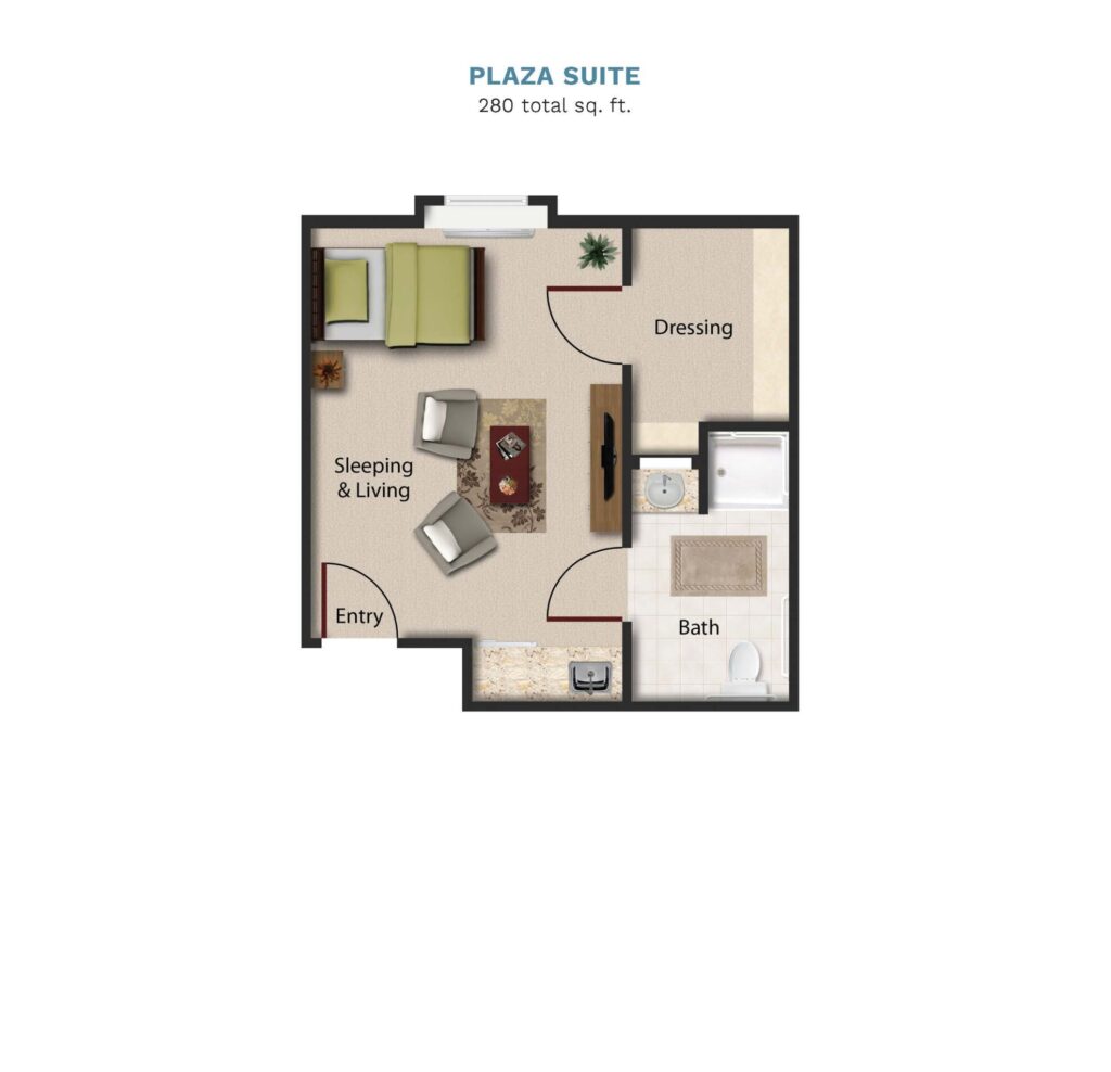 Vintage Park "Plaza Suite" floor layout boasts 280 total square feet. This suite offers a combined bedroom, kitchen, living, and dining area. There is a full bathroom and walk in closet.