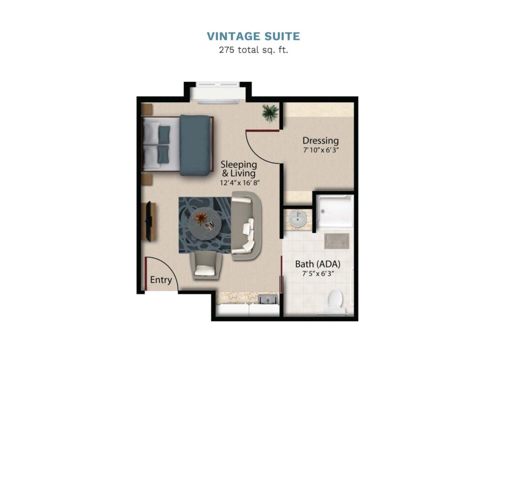 Vintage Park "Vintage Suite" floor layout boasts 275 total square feet. This suite offers a combined bedroom, kitchen, living, and dining area. There is a full bathroom and walk in closet.