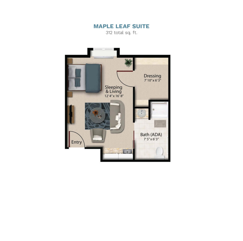 Vintage Park floor layout "Maple Leaf Suite." The suite is 312 total square feet with an open bedroom and living space, a small kitchenette, a full bathroom, and a large walk in closet.