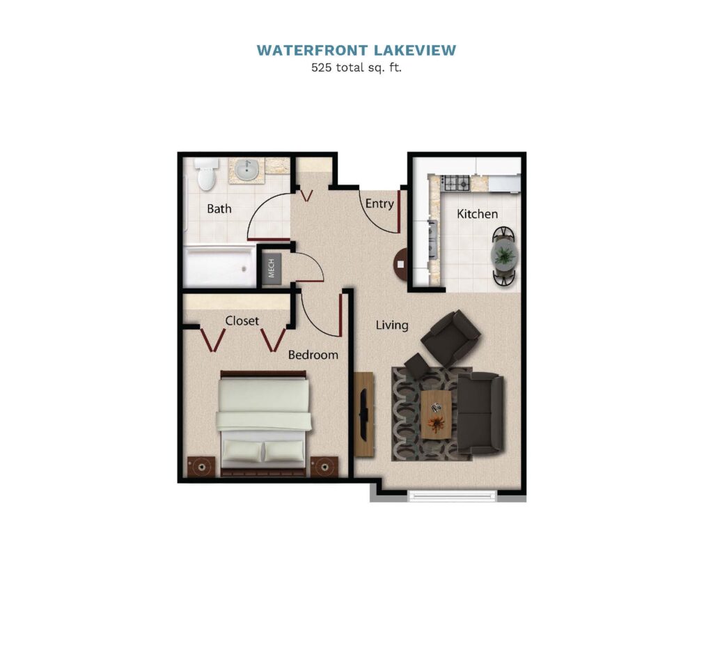 Vintage Park "Waterfront Lakeview" floor layout boasts 525 total square feet. This suite offers one bedroom, one bathroom, and a combined kitchen, living, and dining area.